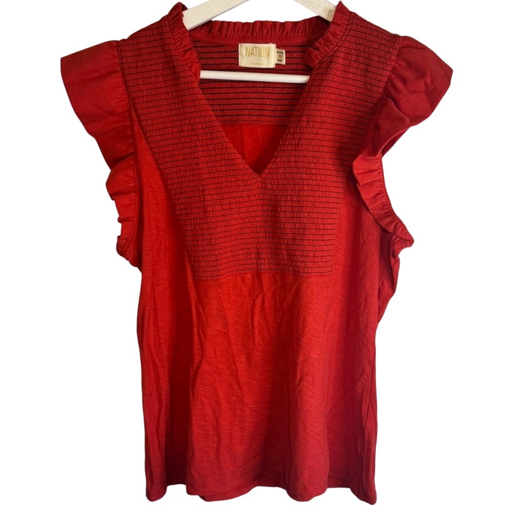 Nation LTD Top Smocked Ruffle Sleeve Medium Red Womens Pima Cotton Boho V-Neck